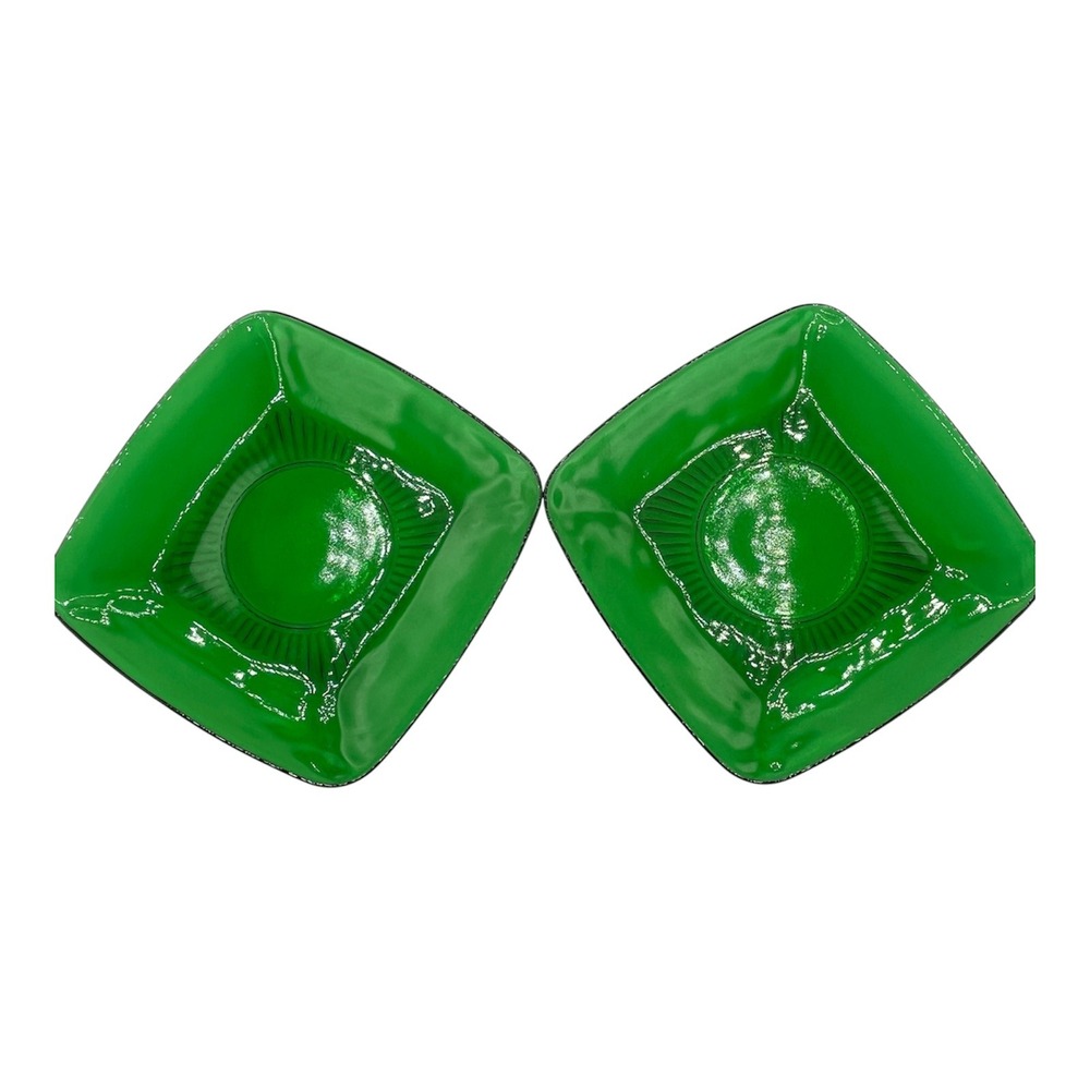 Vintage Emerald Green Square‎ Glass Dessert Plates Sunburst Pattern Set of 2 6in